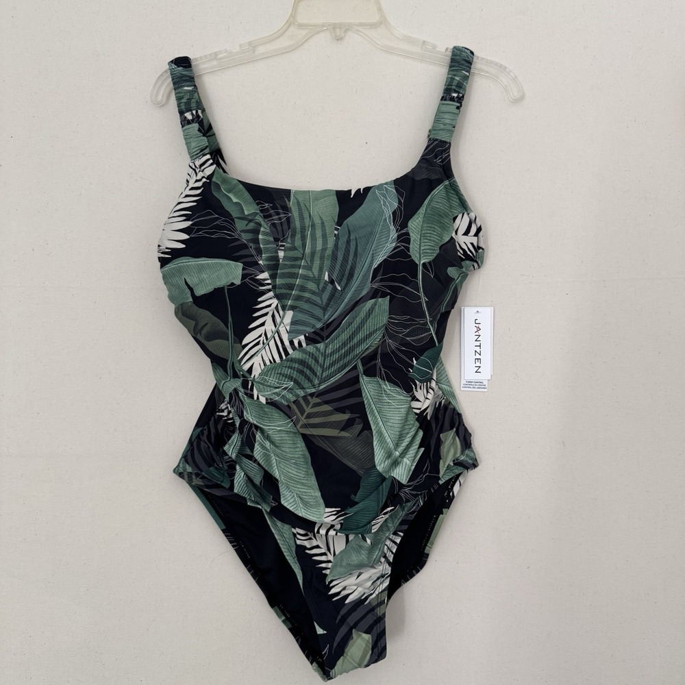 NWT Jantzen One Piece Ruched Swimsuit Tropical Leaf Print Size 14 Green Black